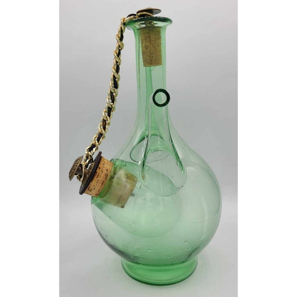 Vintage 1960's Italian Green Glass Decanter w/ Ornate Corks & Ice Chamber 11"H - Picture 3 of 14